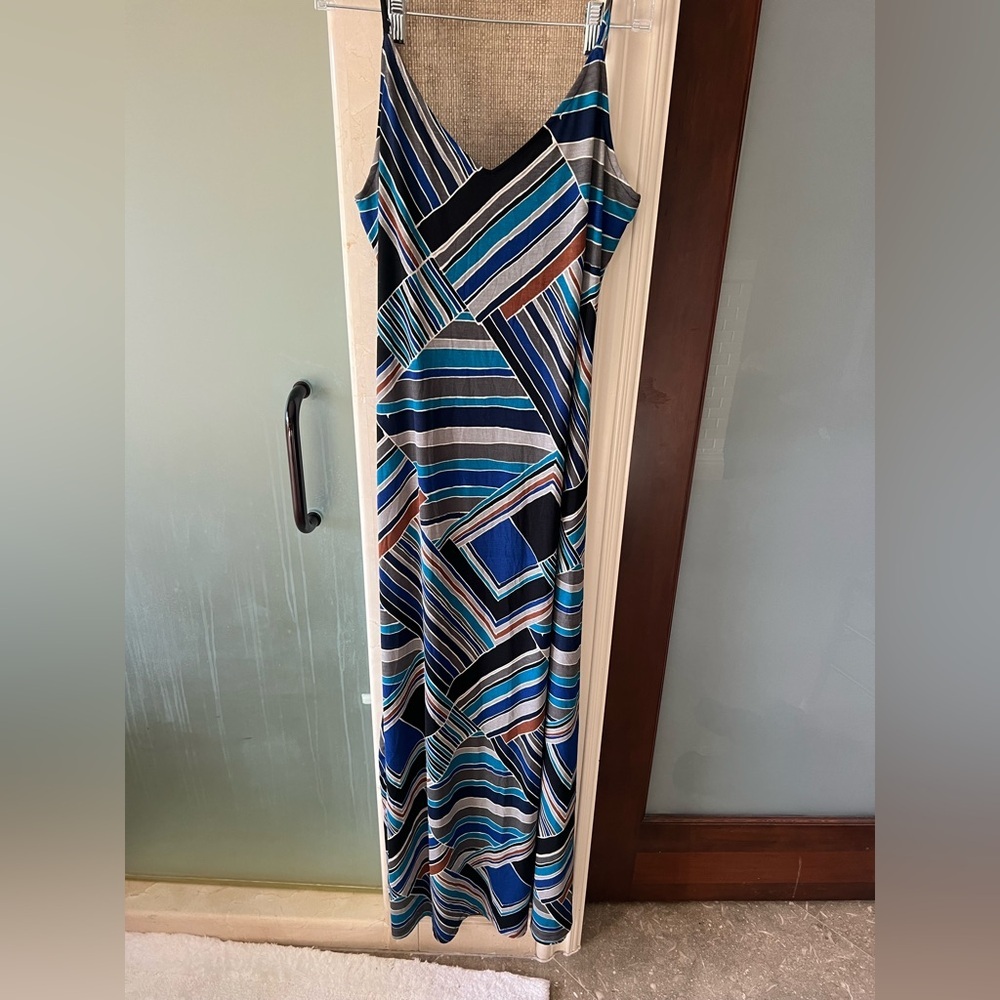 Geometric Striped Maxi Dress in Blue and Black